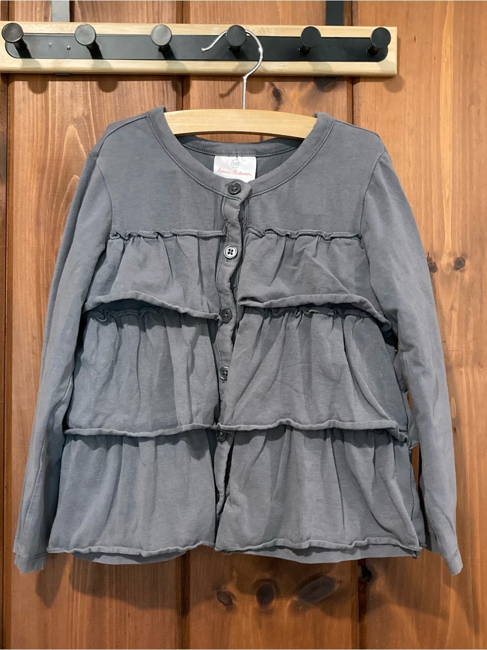 Size 5 (110) Hanna Andersson Gray Ruffle Tiered Cardigan - Picture 1 of 4